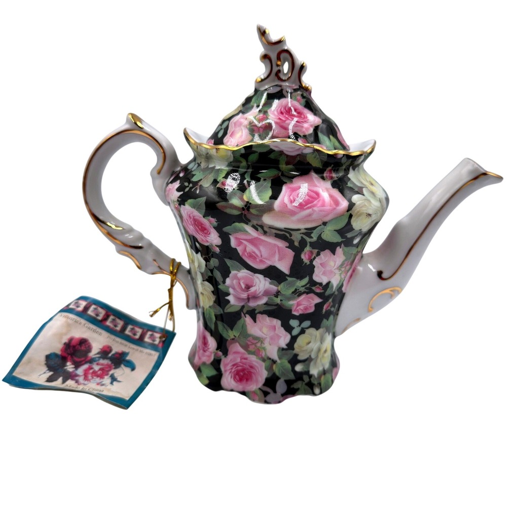 Victoria's Garden Floral Teapot Black Pink Yellow Roses Gold Trim Ceramic New
